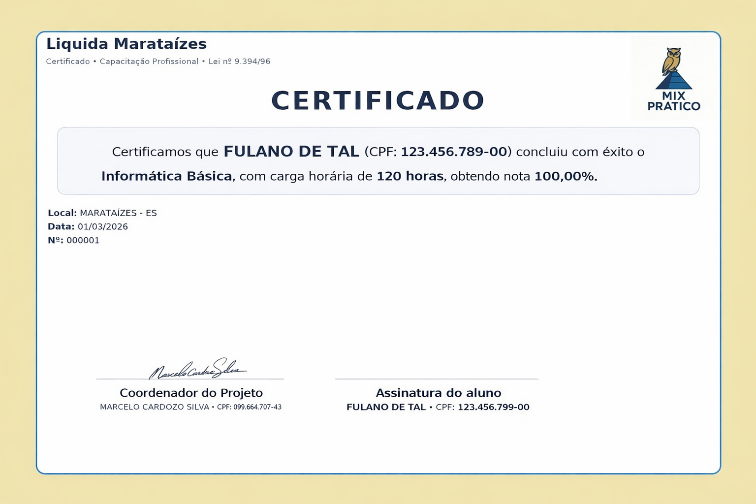 Modelo da frente do certificado